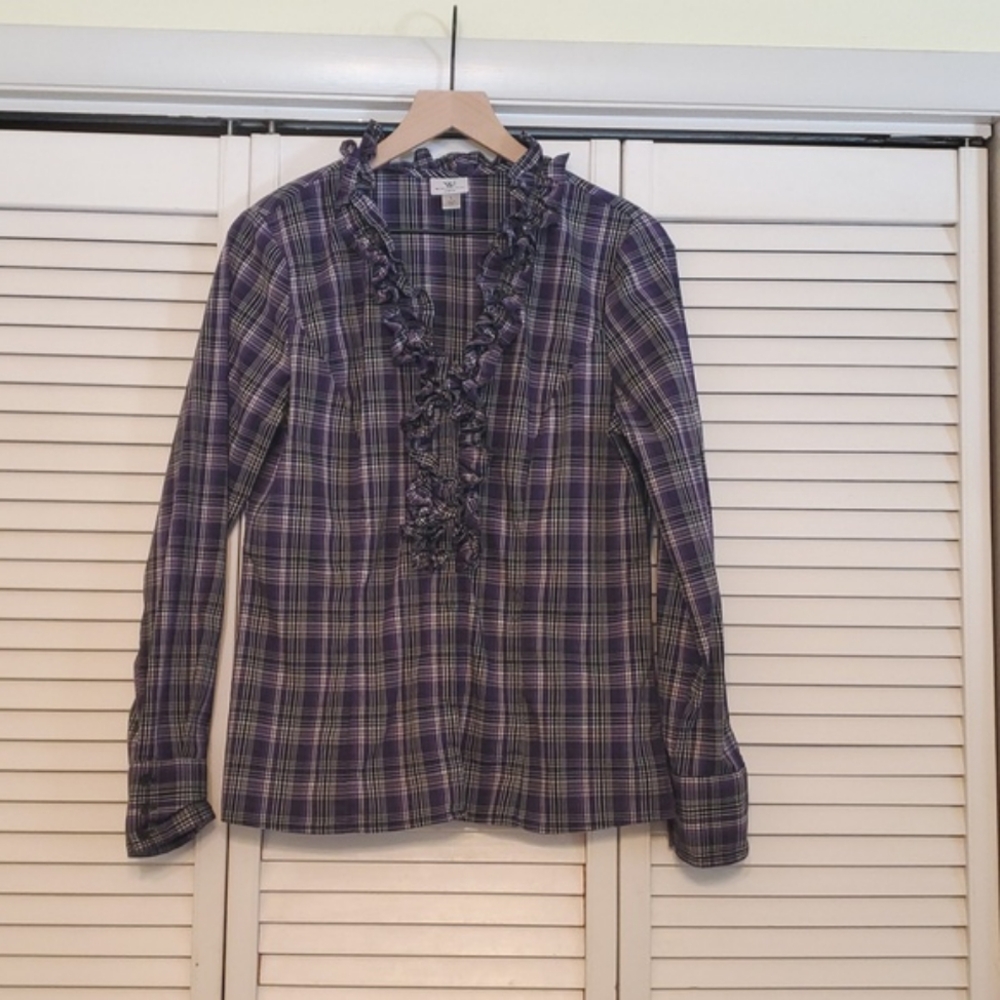 Worthington Stretch Long Sleeve Purple Plaid Ruffle Collar Top Western, Size L